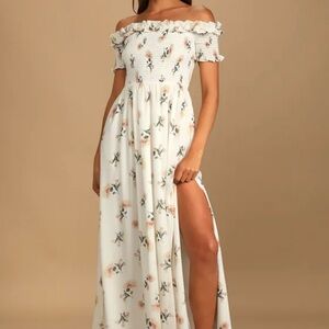 Lulu's White smocked Ruffled Off-Shoulder Maxi Dress floral romantic boho